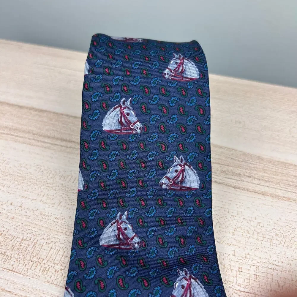 Etro Silk Necktie Horse Equestrian Navy Blue Paisley Boho Luxury Designer Tie